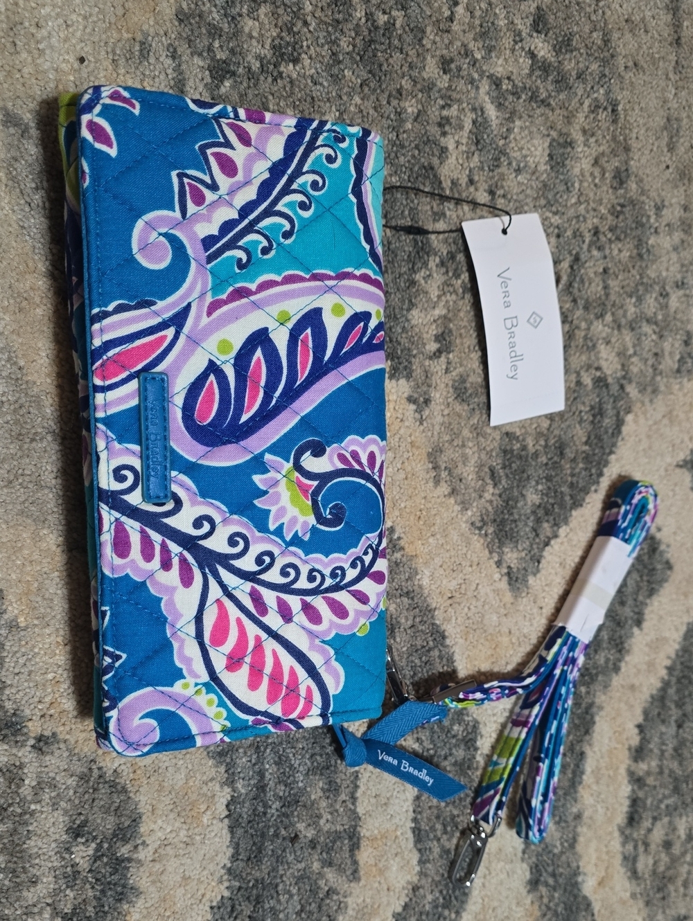Vera Bradley Turquoise Blue Paisley Quilted Wristlet Wallet with Removable Strap